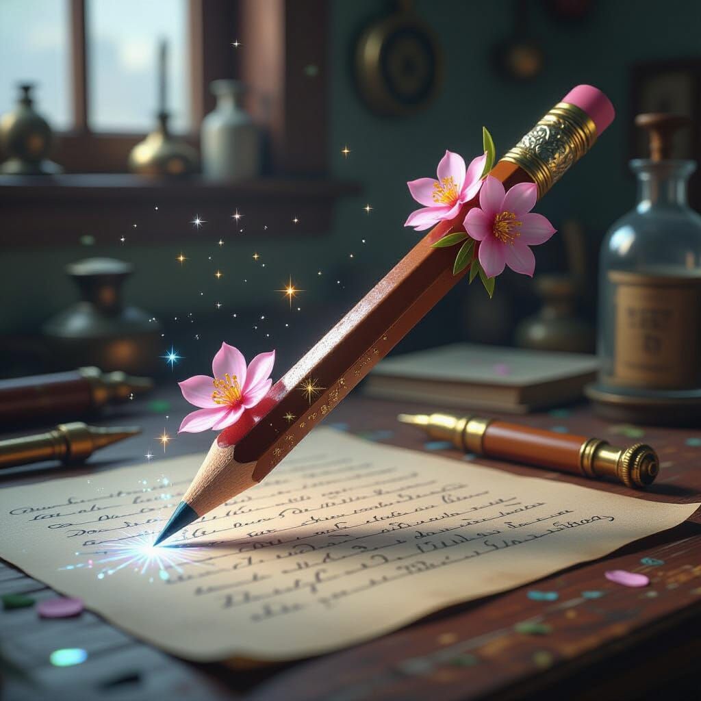 Antique Pencil with Glass Flowers and Starlight Glow
