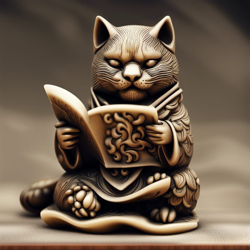 Cat reading a scroll, in the style of Garaku