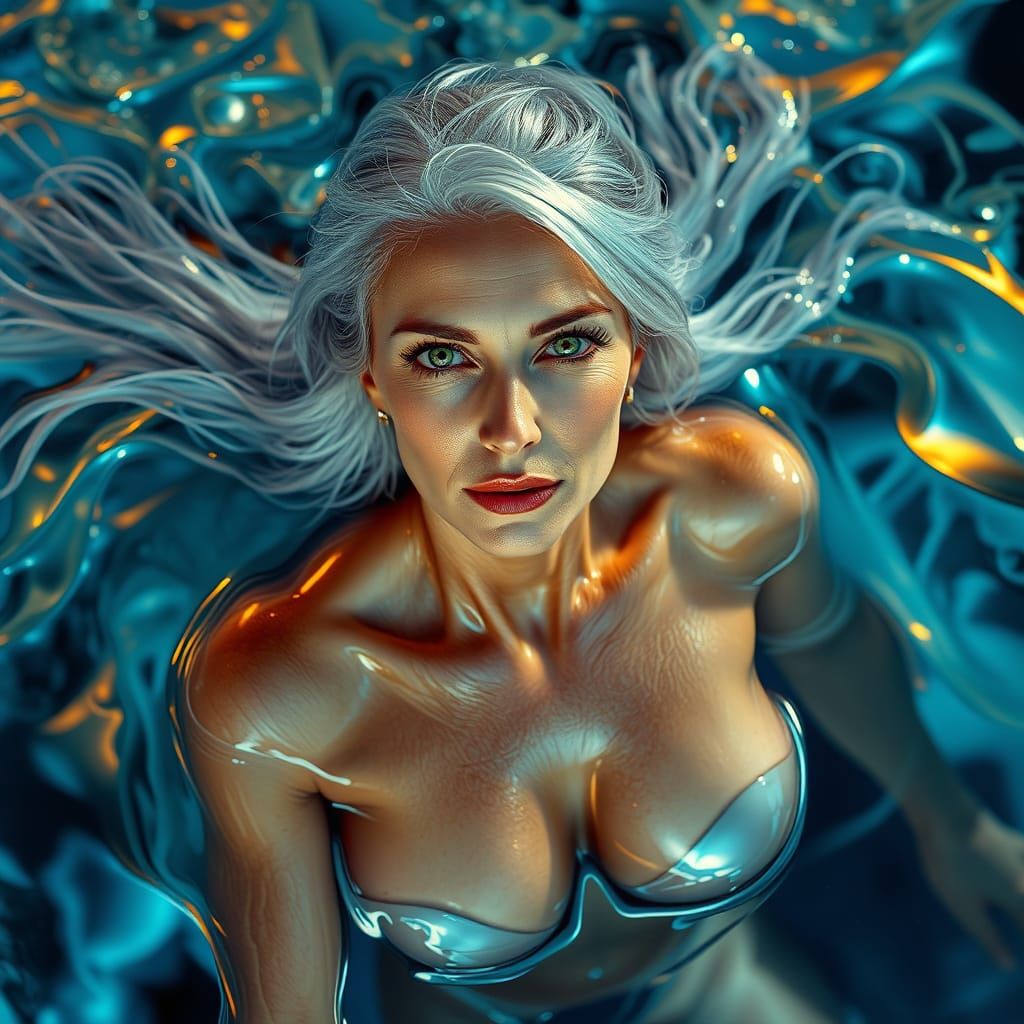 Mature Woman Glides Effortlessly in Metallic Mercury Pool