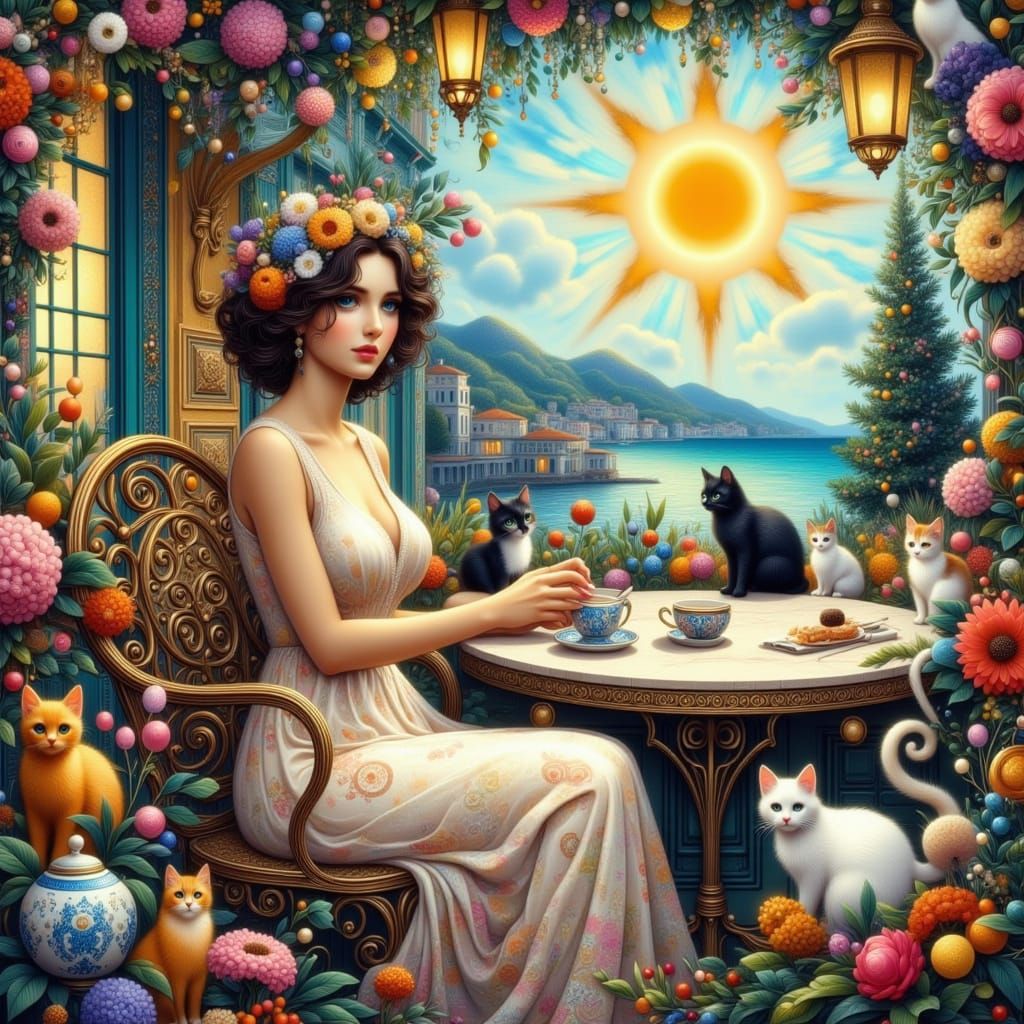 Elegant Greek Woman Surrounded by Adorable Cats in a Quaint ...