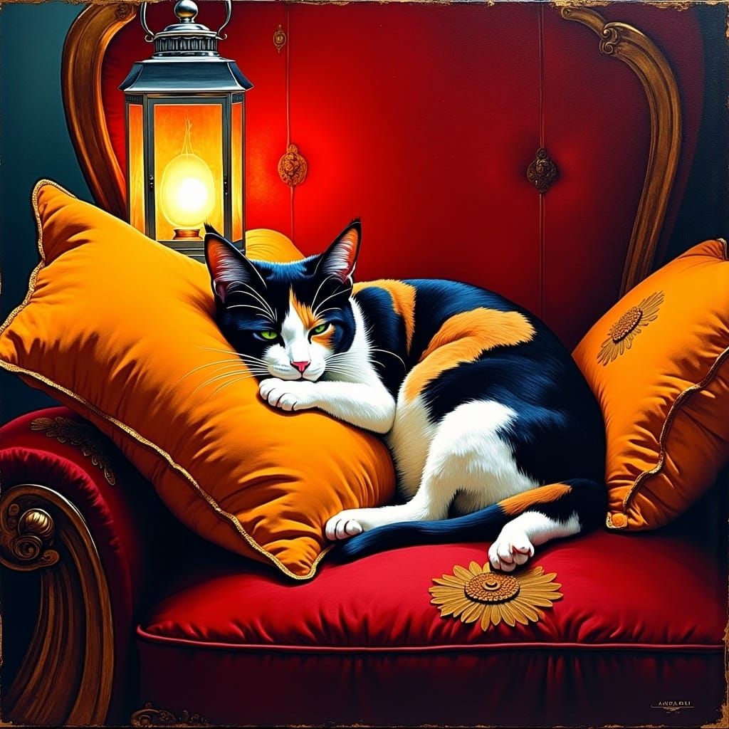 <lora:Sparkling Collage Fx:1.0> Sleeping cat in a cozy, richly textured interior, surrounded by plush cushions and luxur...