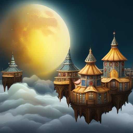 Fantasy City Above Clouds with Floating Islands