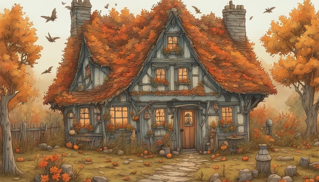 Autumnal Witches Cottage in Kate Greenaway Style