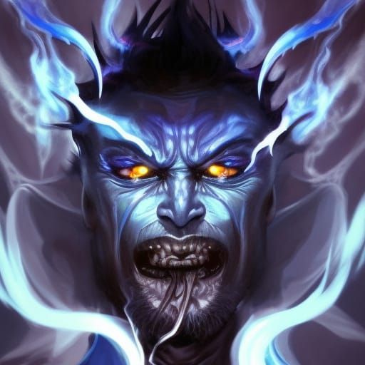Blue Flame Demon Portrait in Hyperdetailed Digital Art