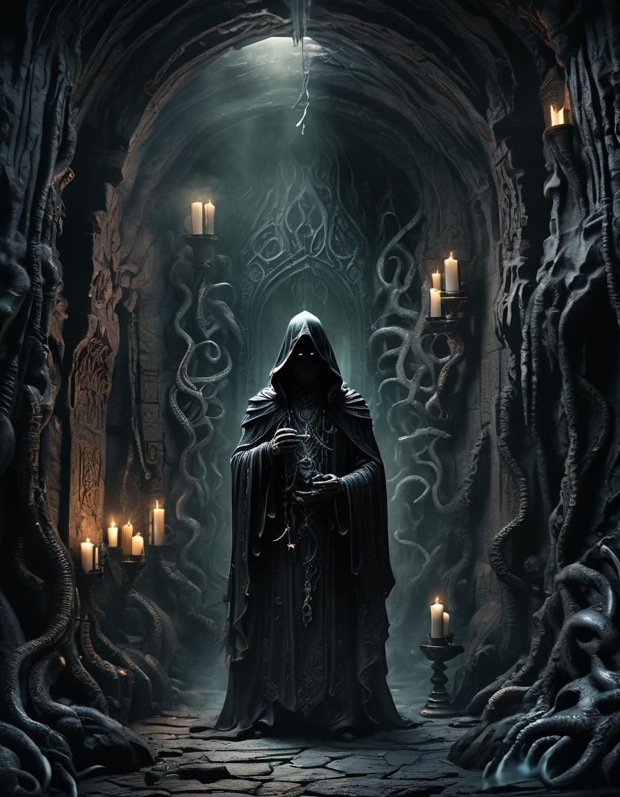 Abyss Sorcerer in Eerie Cave: Dark Fantasy Art
