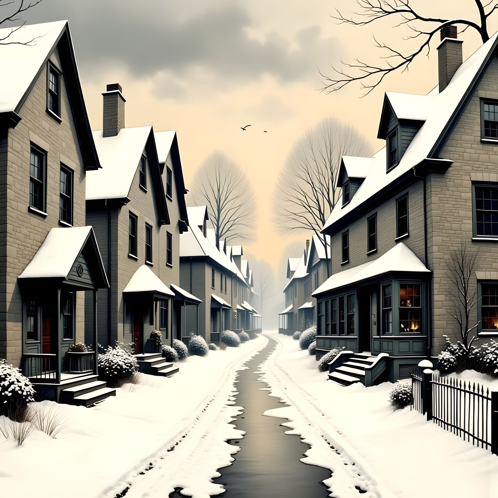 Snowy Village Lane in Burtonesque Style