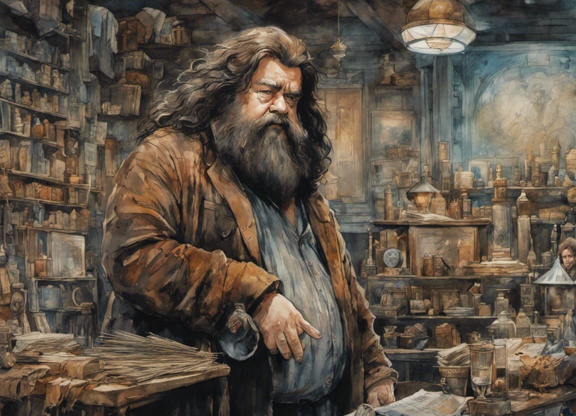 Detailed Watercolor of Hagrid at Hogwarts