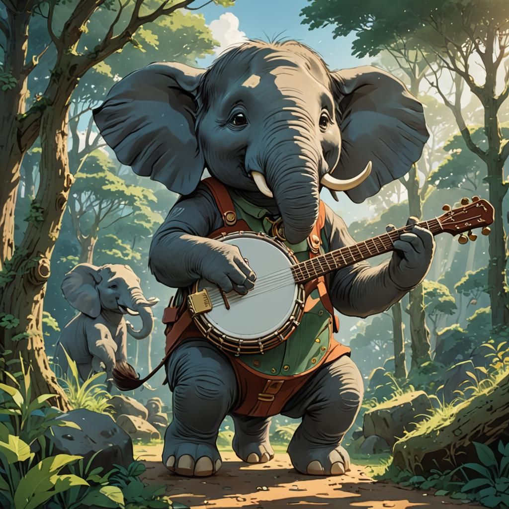 Elephant Plays Banjo in Studio Ghibli Anime Style