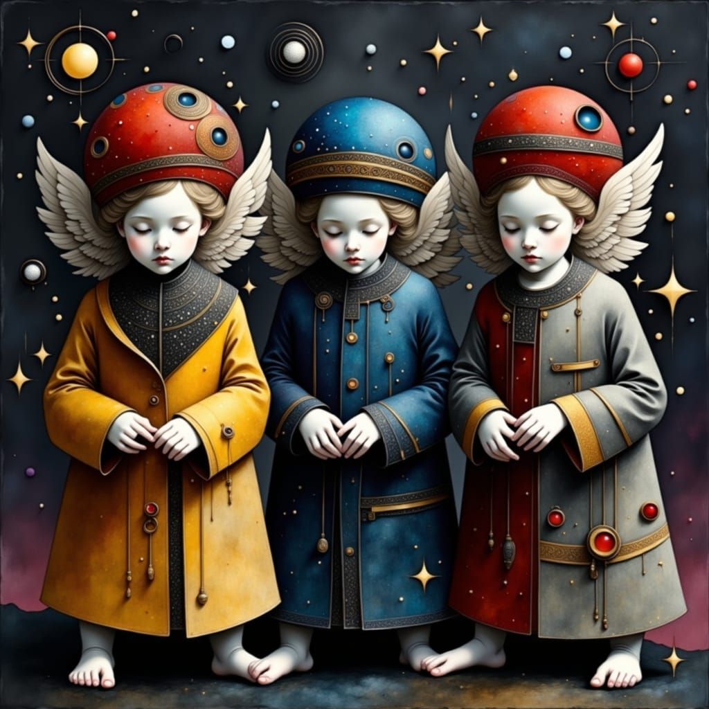 Angelic Cherubs Amidst Cosmic Circles and Silver Moon