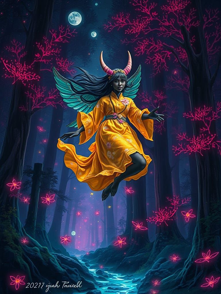 Cybernetic Woman Flying Through Psychedelic Forest