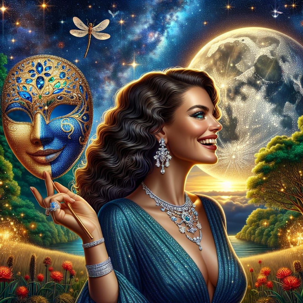 Brunette Woman with Mask in Astral Landscape
