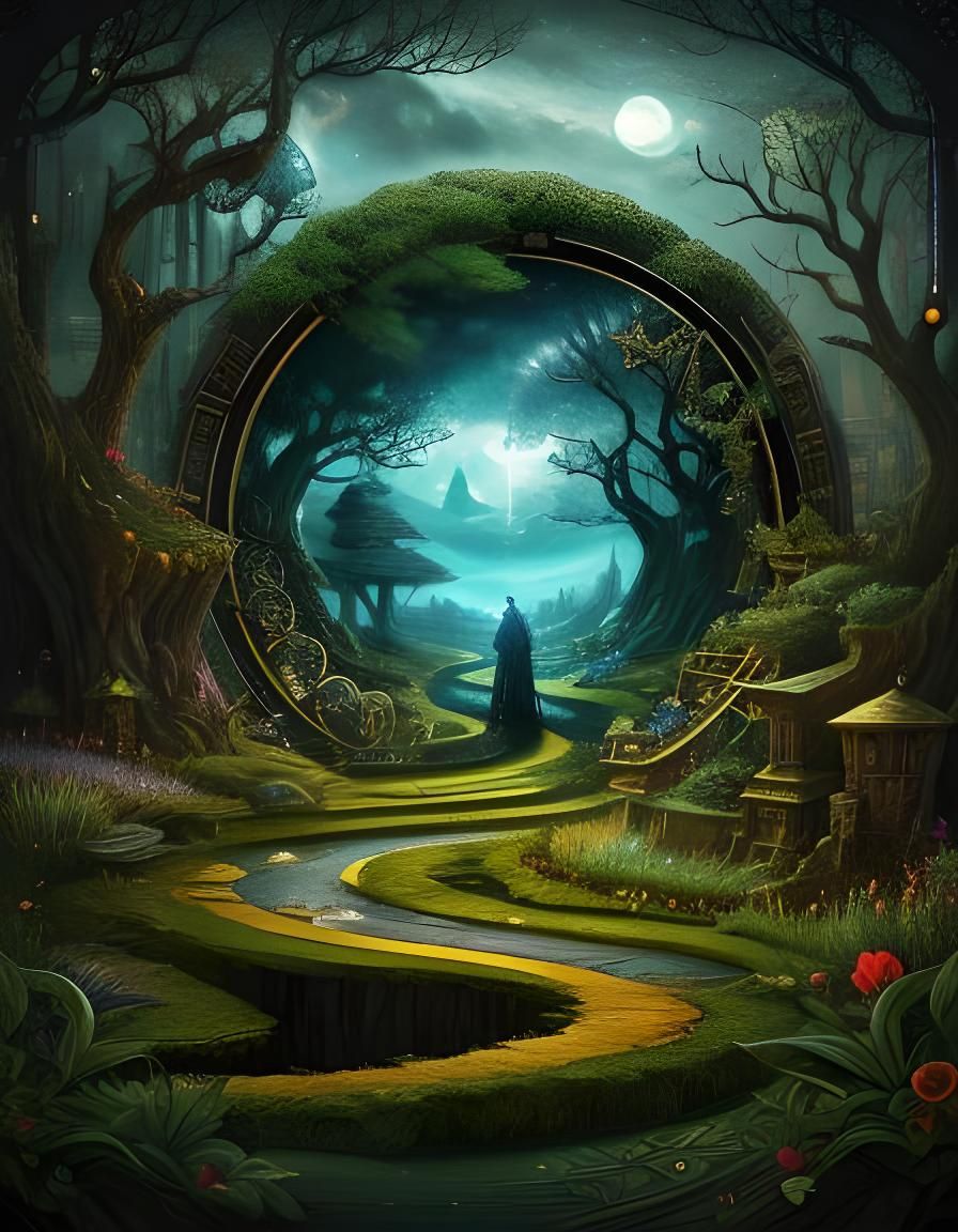 Surreal Stargate Scene with Bonsai and Cottages