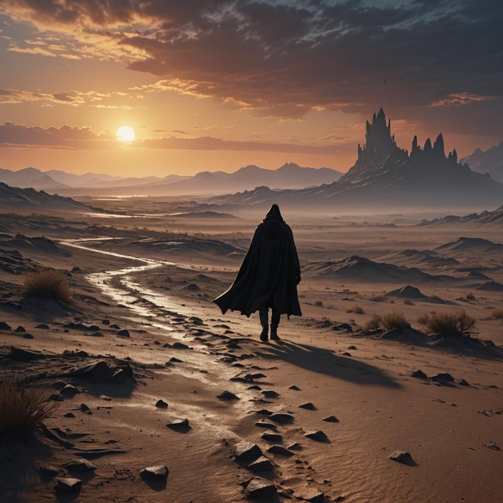Silhouette in Wasteland Sunset: Fantasy Concept Art