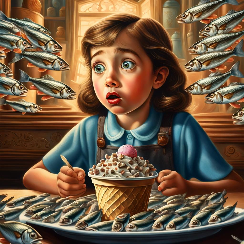 Surprised Girl with Sardine Ice Cream, Photorealistic