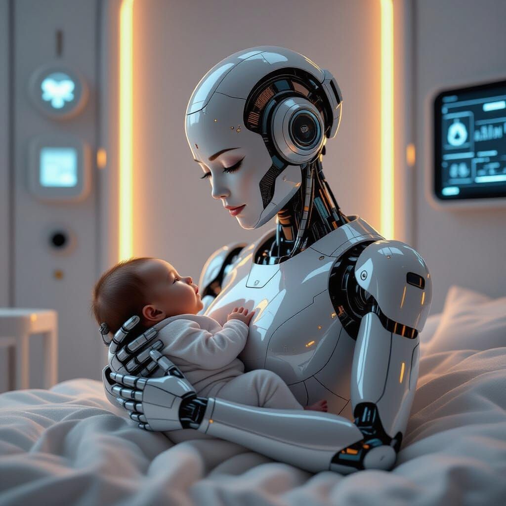 Hyperrealistic Robot Mother and Child in Futuristic Nursery