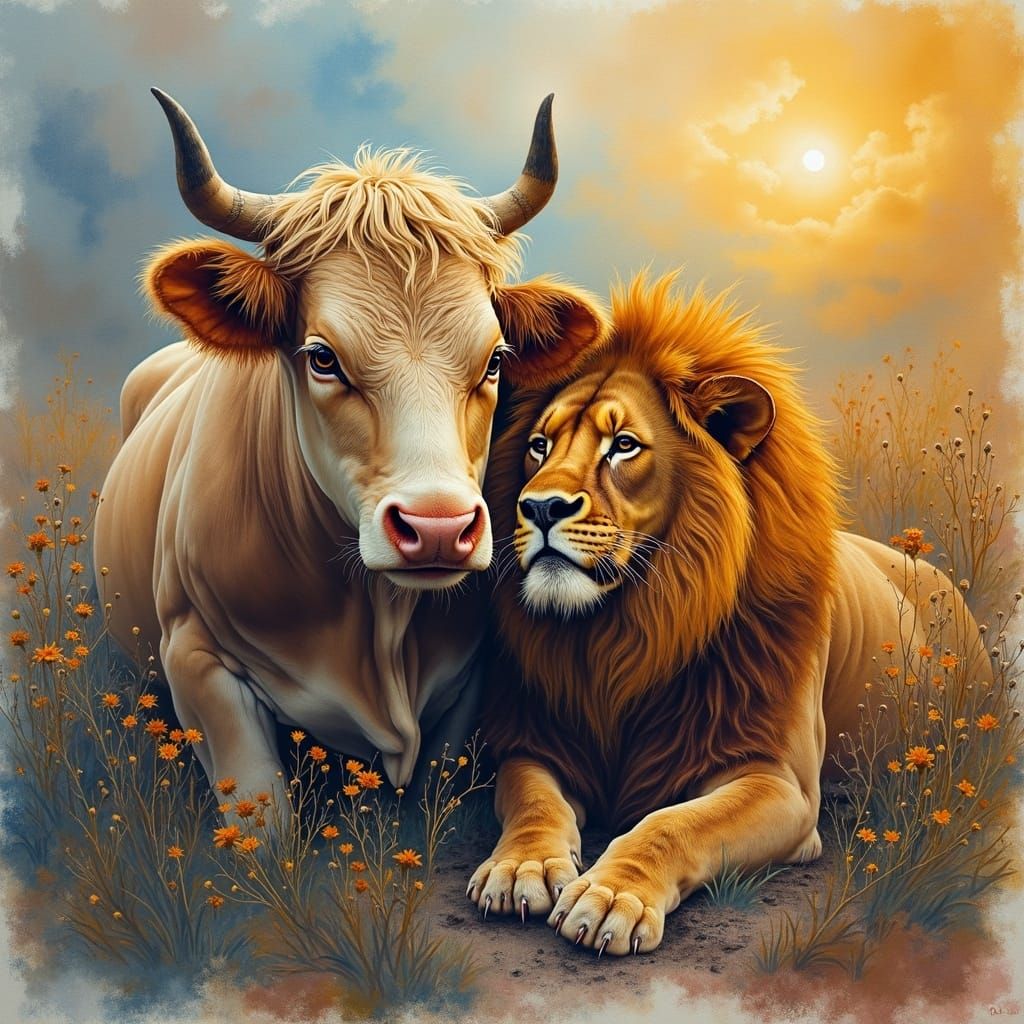 The Cow and the Lion - it was intended to be the description from ISAIAH 11:6... but AI did not want it accurately...