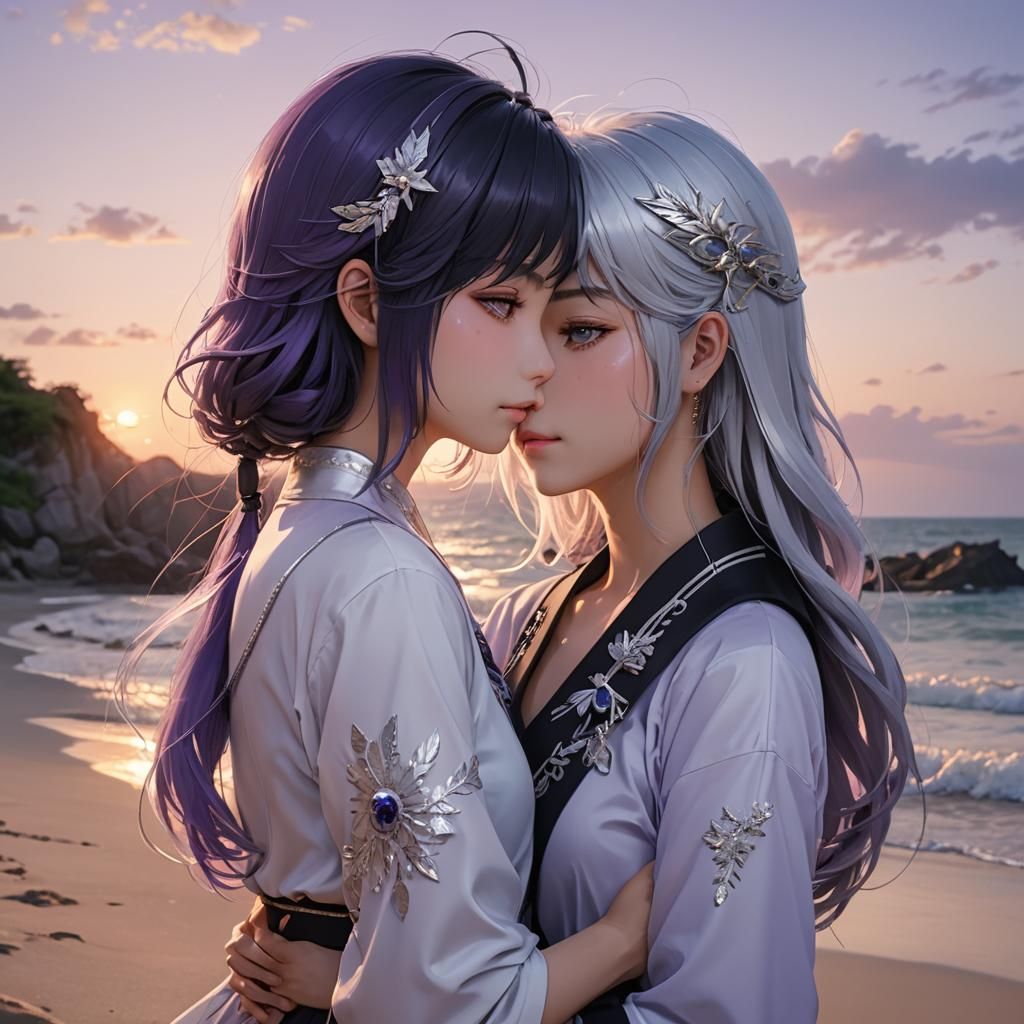 Anime Beach Sunset with Kissing Women