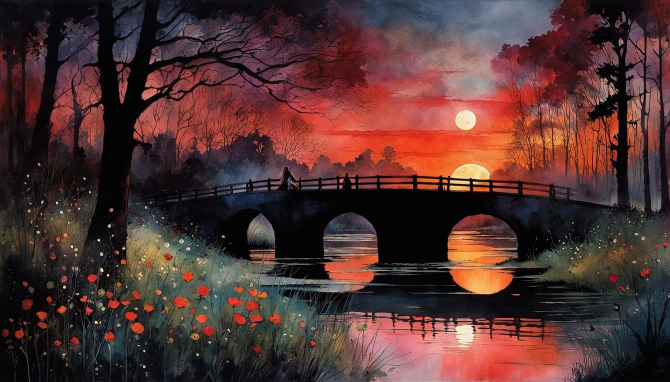 Lady Amidst Celestial Eclipse and Wildflowers