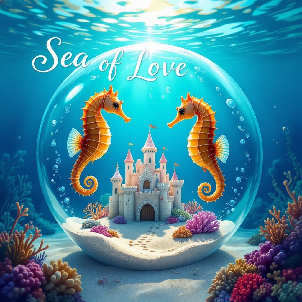 Underwater Seahorses and Sandcastle in Surreal Scene
