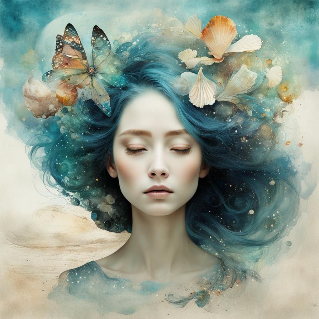 Seashell Eyes: Intricate Ink and Watercolor Collage