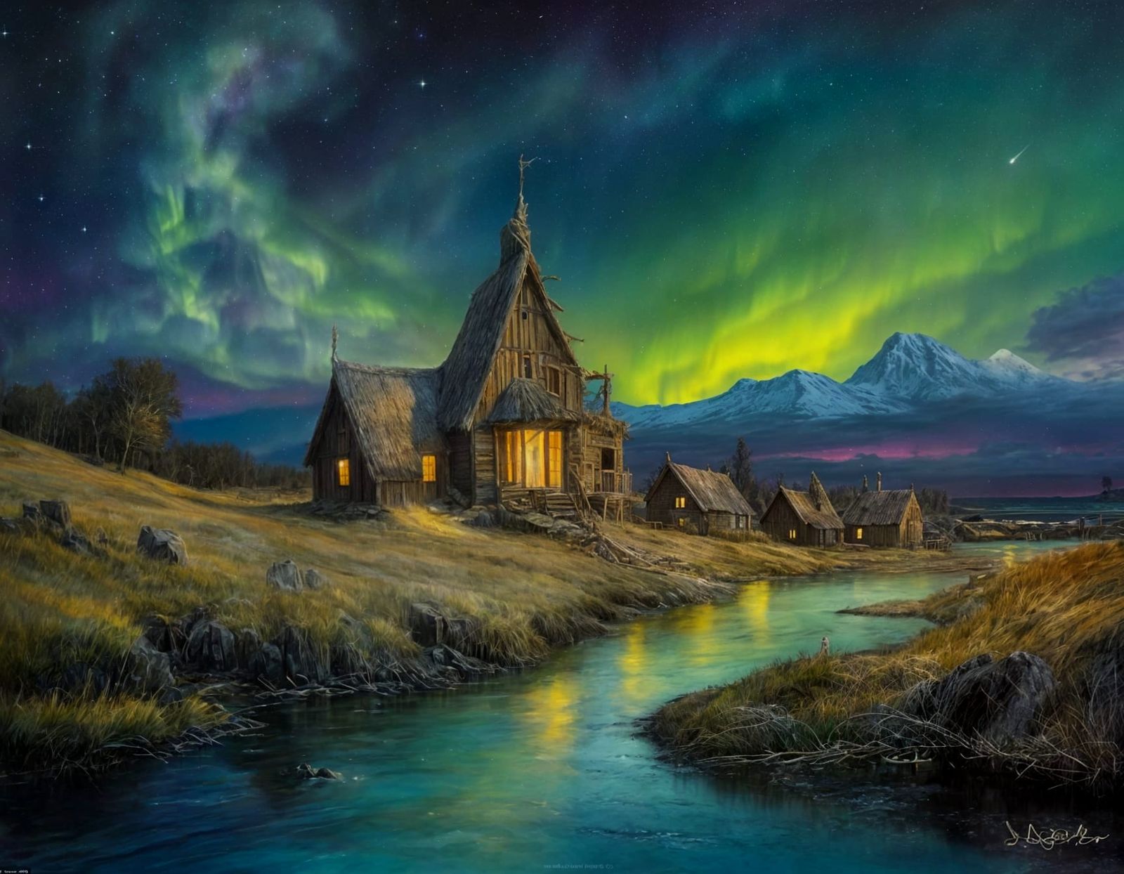 ancient Viking village under aurora sky