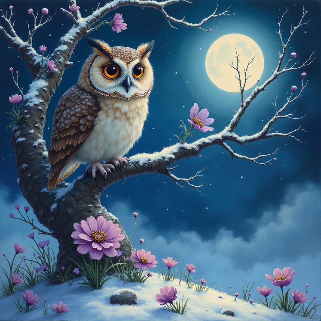 Enchanted Winter Owl Amidst Whimsical Baroque Fantasy