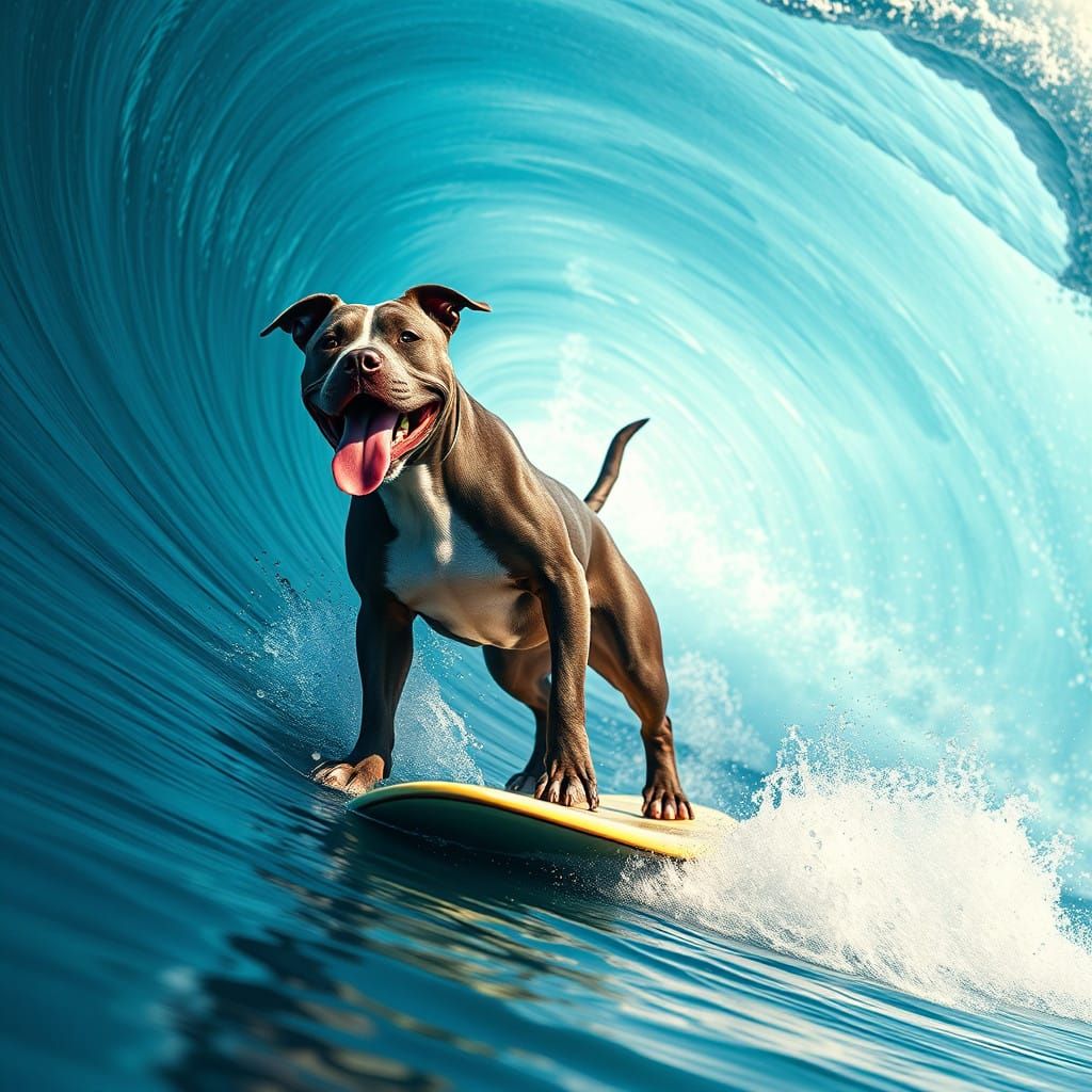 Dynamic Blue Pitbull Surfs a Towering Wave in Thrilling Surf...