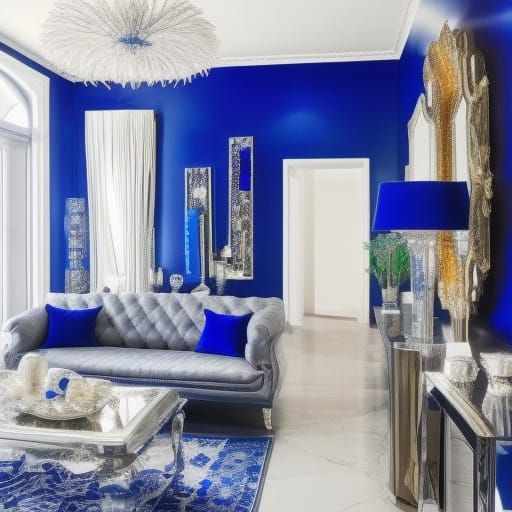 Cobalt blue penthouse with shimmery Luster or cobalt blue walls with Diamond accents& long elegant silver windows& luxur...