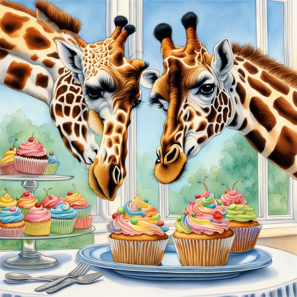 Giraffes Stealing Cupcakes: Colored Pencil Illustration