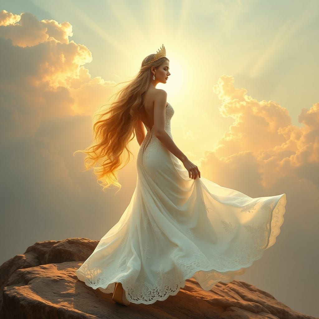 Goddess in Elegant White Gown with Gold Accents and Majestic...