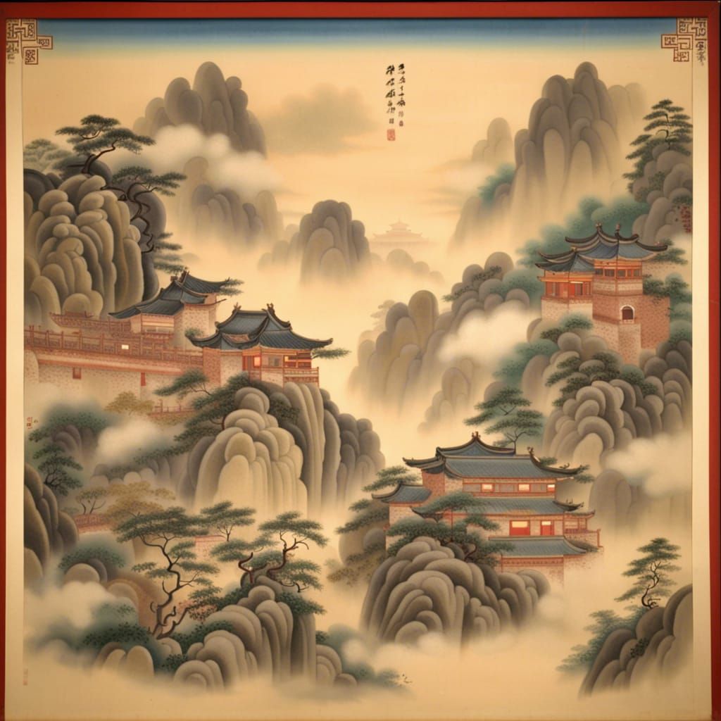 Heavenly Palace Soaring Above Clouds, Antique Chinese Painti...
