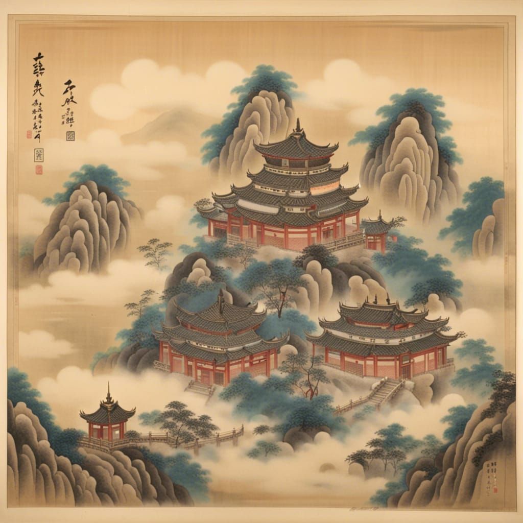 Heavenly Palace Soaring Above Clouds: Antique Chinese Painti...