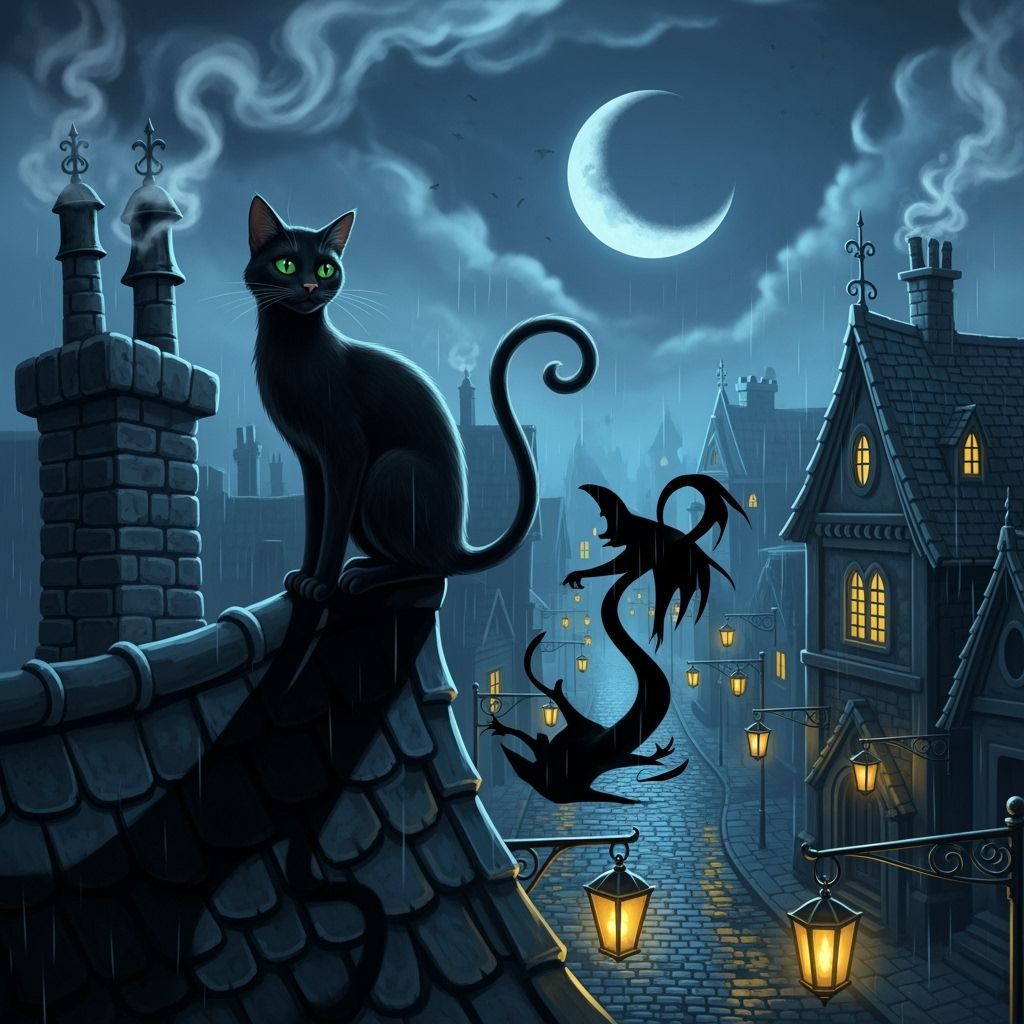 Black Cat on Gothic Rooftop in Gothic Fantasy Style