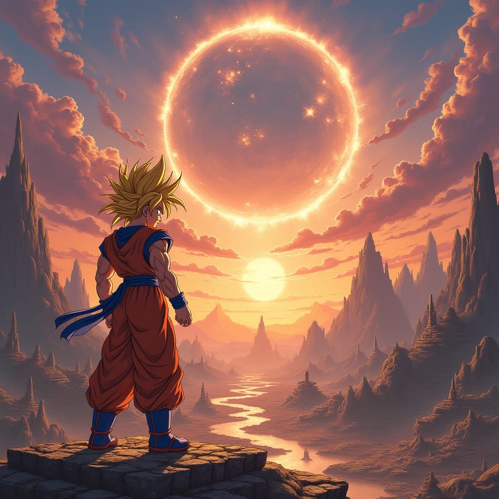 Goku Defiant in Ancient, Ruined Landscape with Dragon Ball