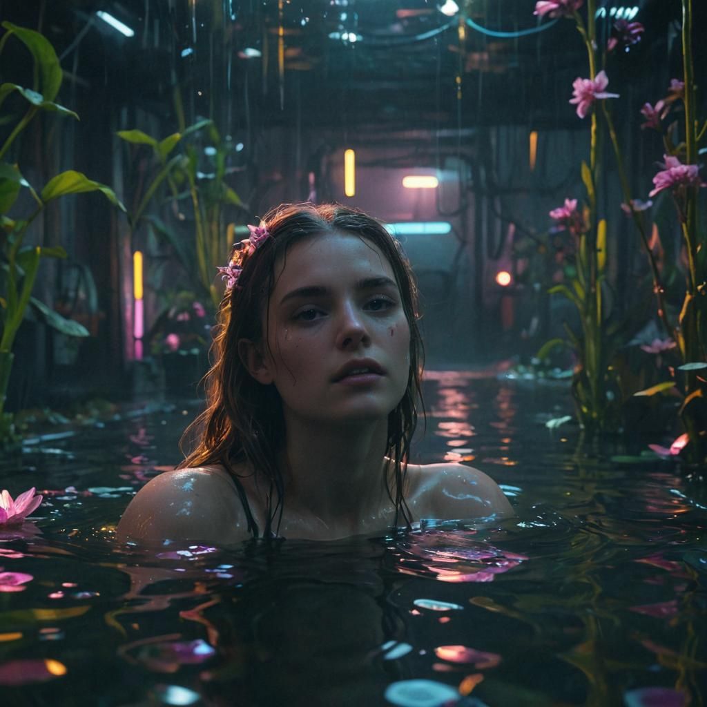 Cyberpunk Ophelia in Neon Waters: A Cinematic Still