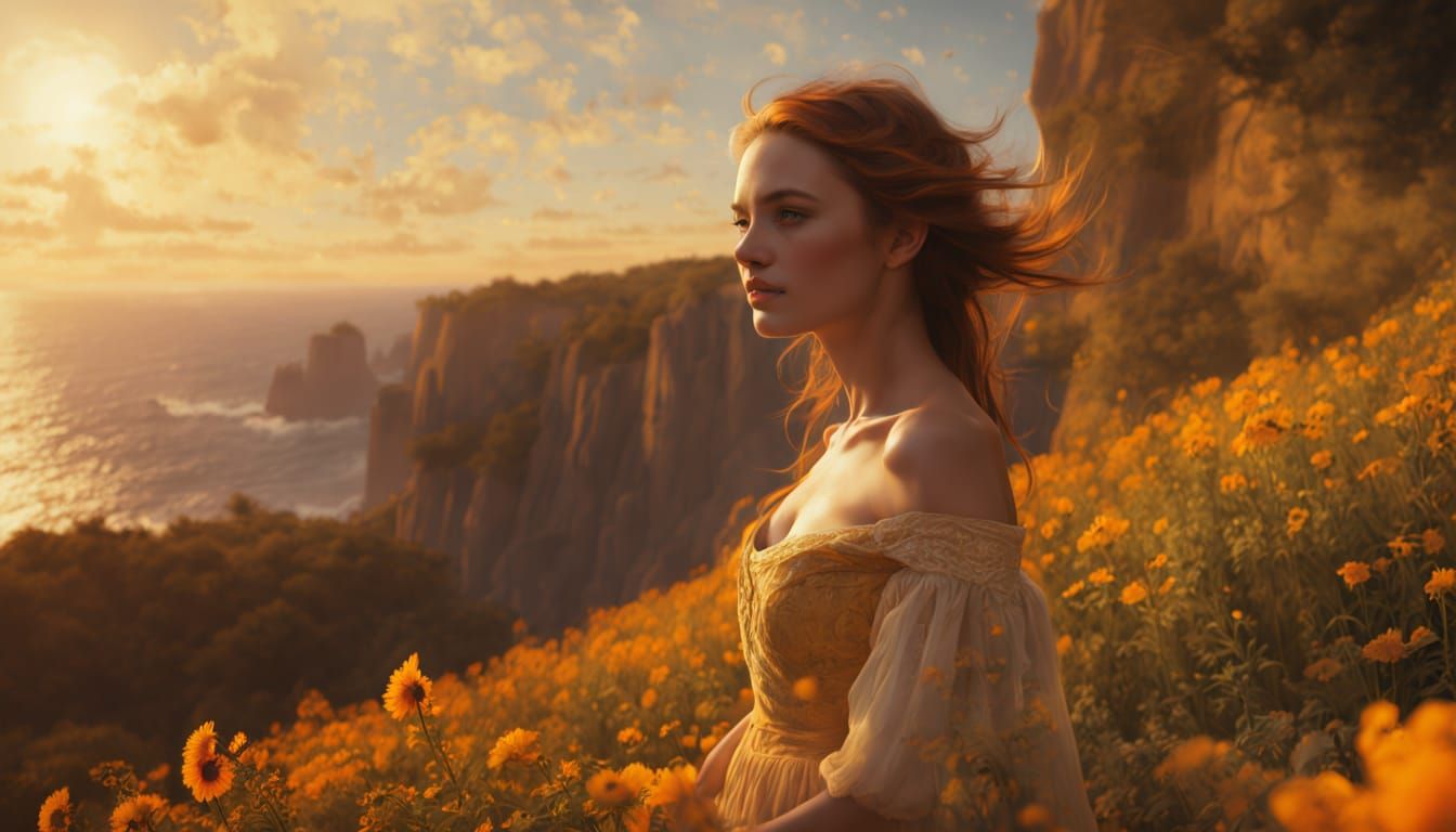 Ethereal Sunset Goddess on Windswept Cliff