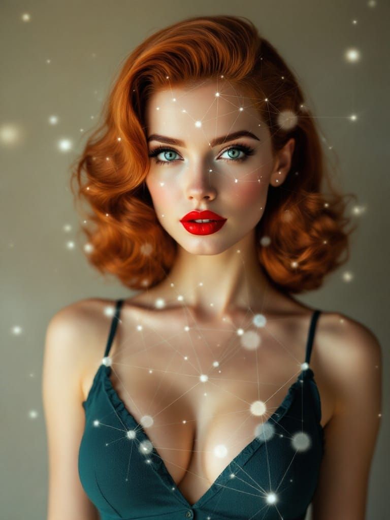 Confident Redhead Pin-Up with Neural Network Overlay