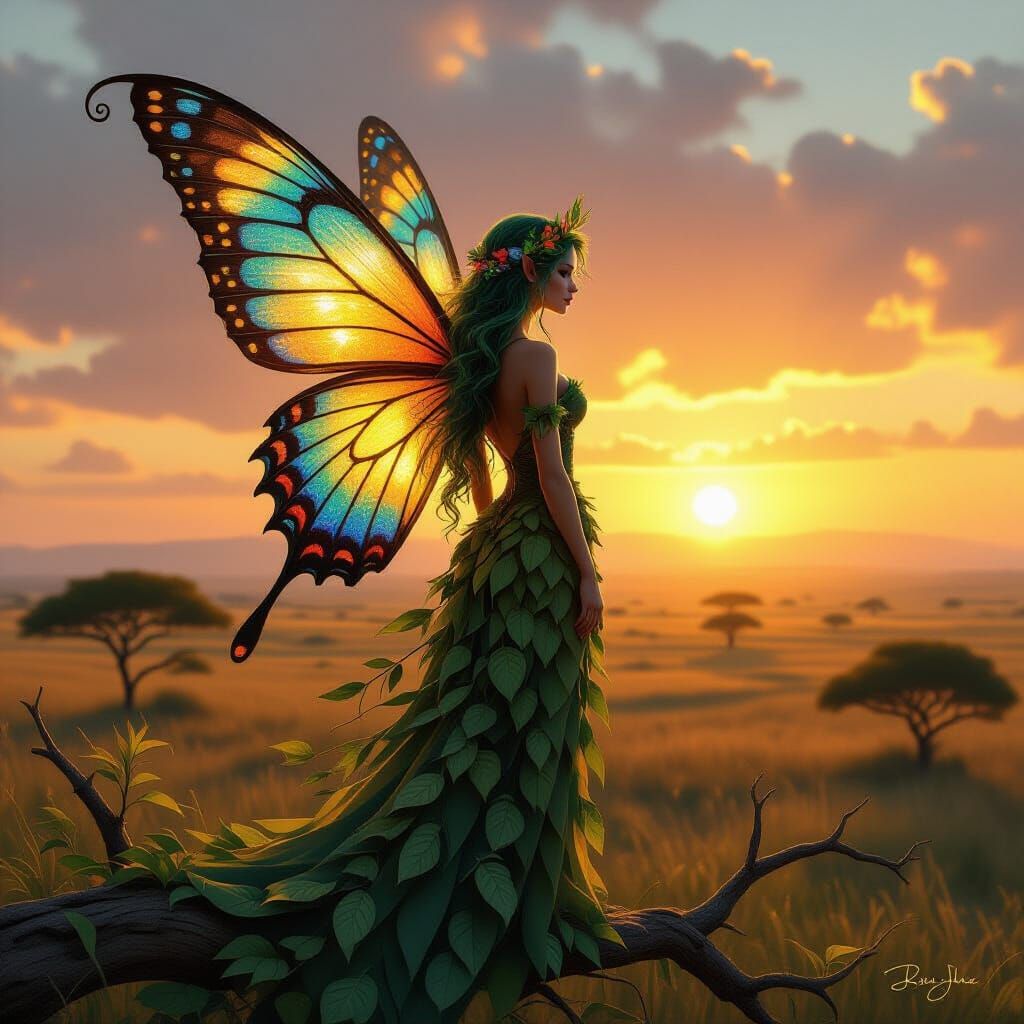Ethereal Fairy Overlooking African Savanna at Dawn