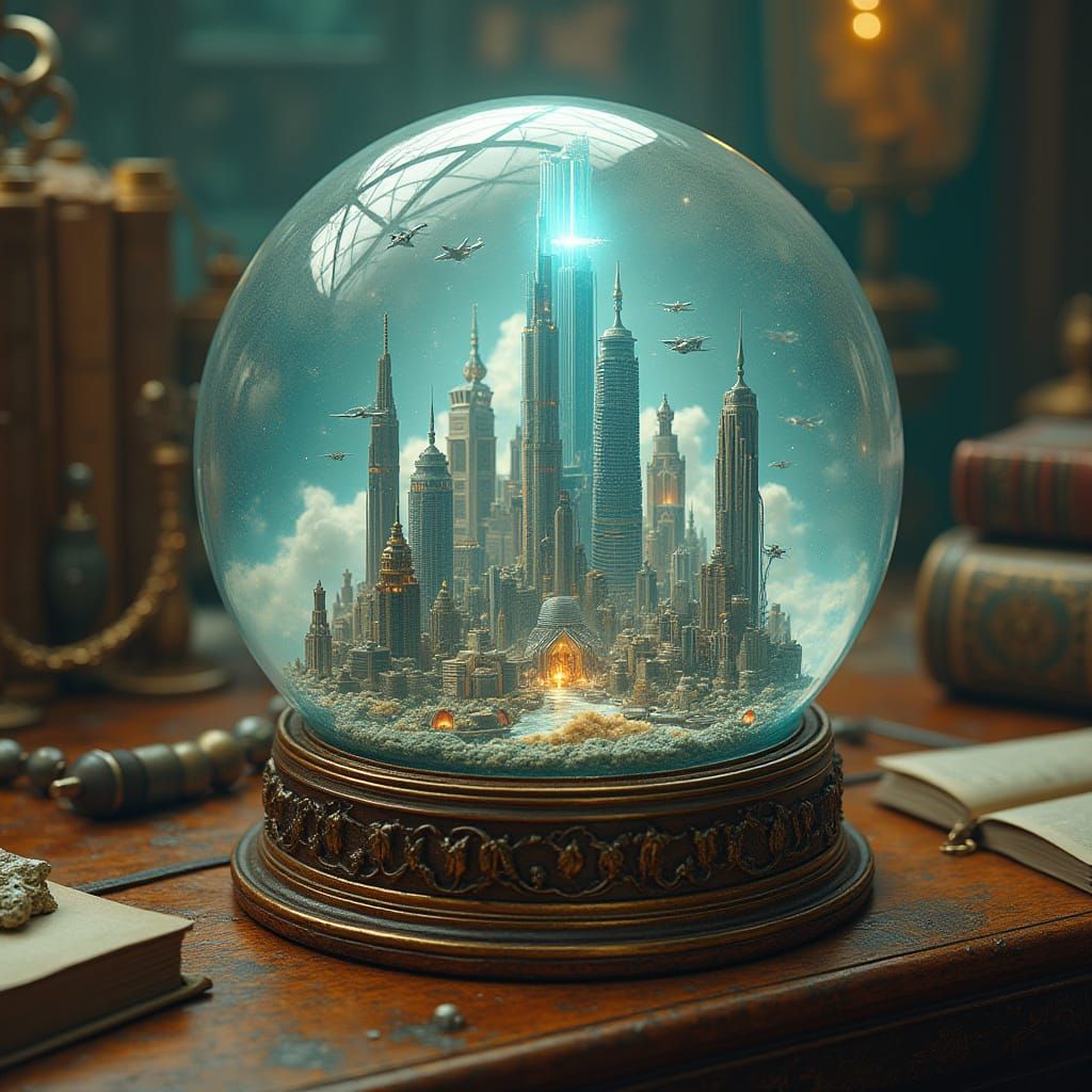 Surreal Futuristic Cityscape Snow Globe Scene in Art Nouveau...