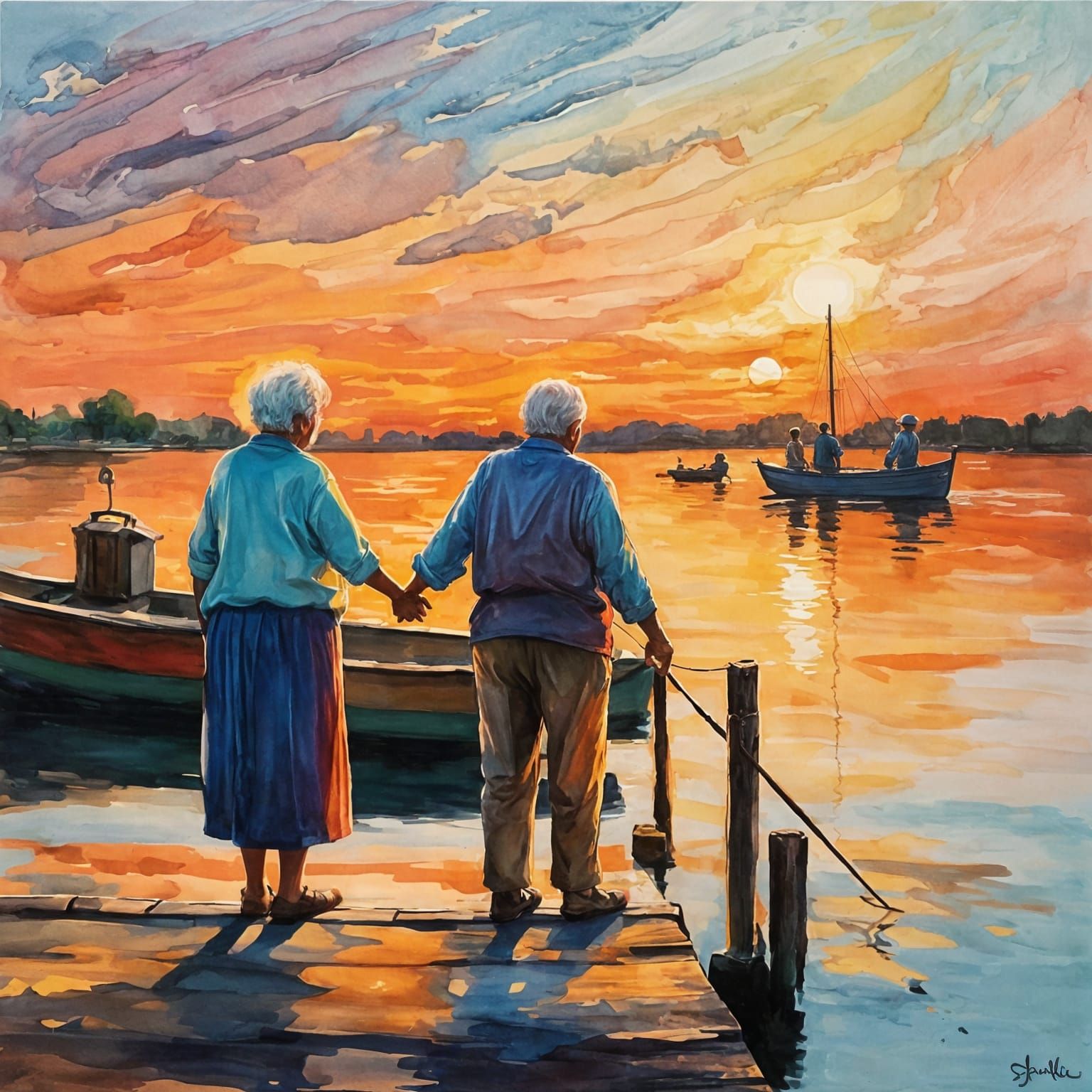 Elderly Couple at Sunset in Abstract Style