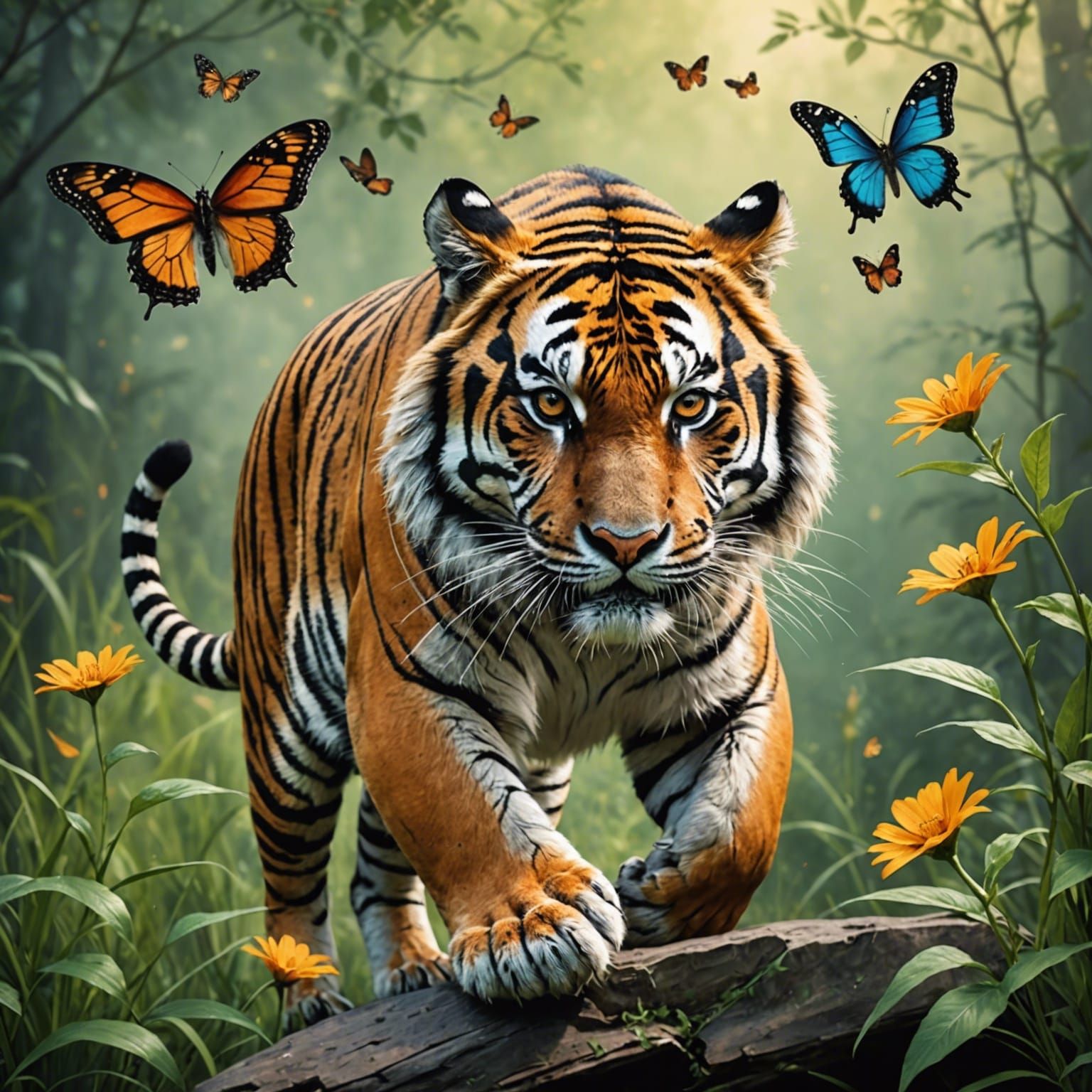 Tiger Chasing Butterfly in Mixed Media Art