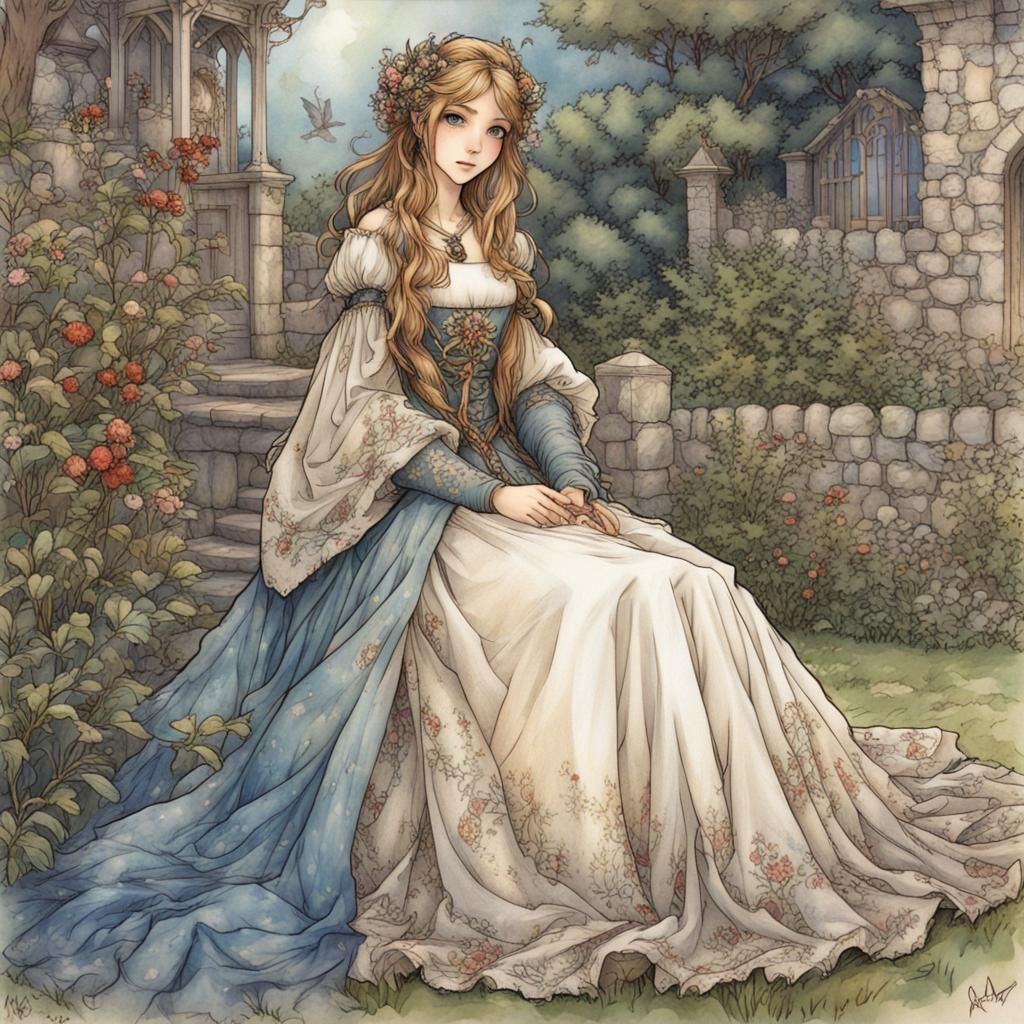 Medieval Maiden in Garden: Arthur Rackham Anime Style