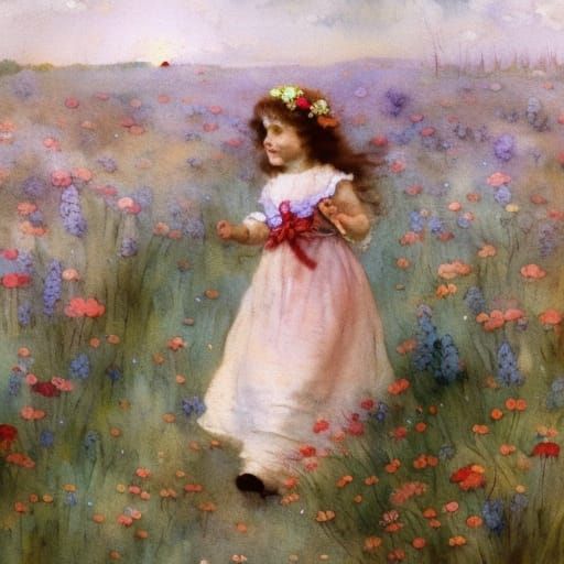 Cute Toddler Runs Through Flower Meadow in Watercolor Style