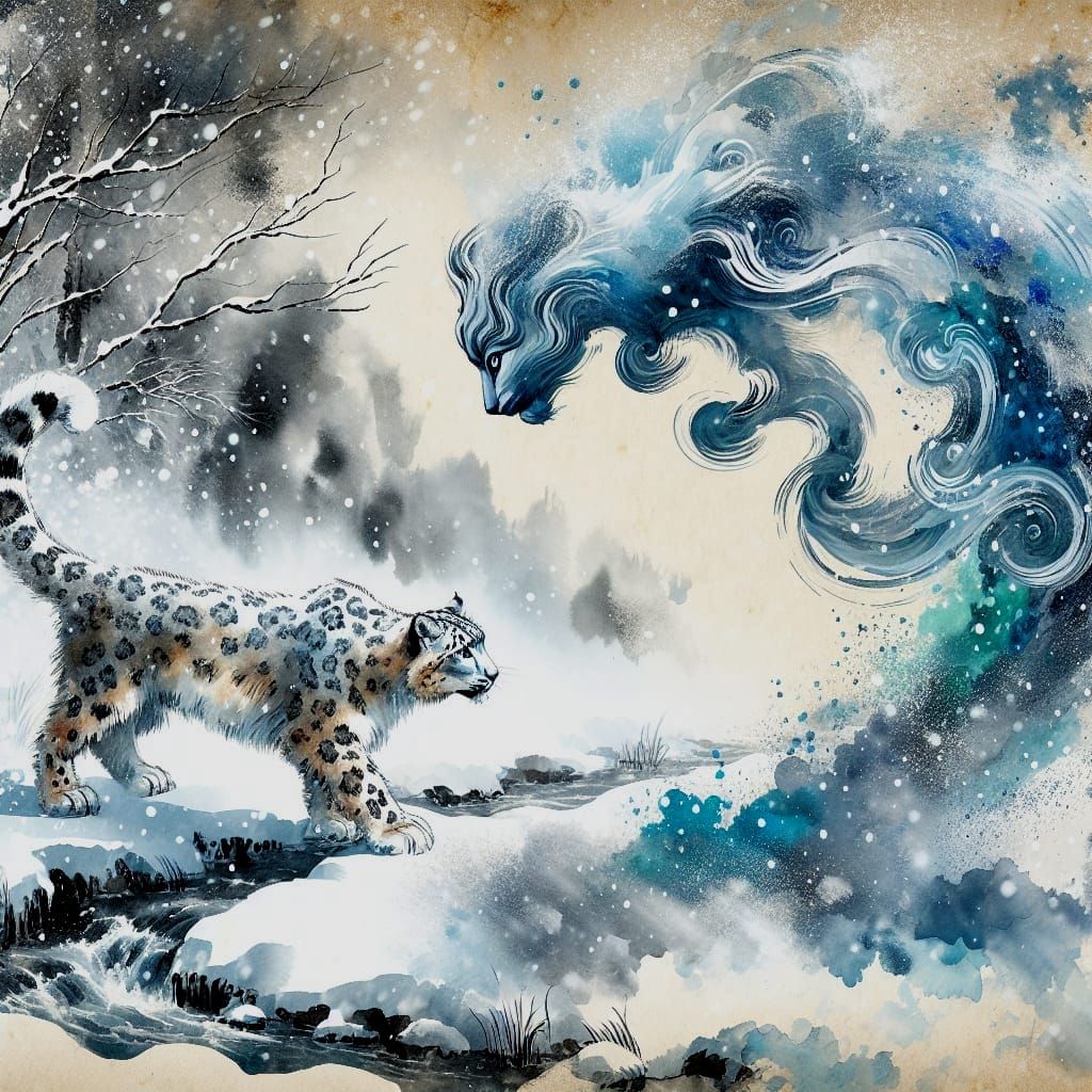 Snow Leopard Dances with Winter Storm in Whimsical Chinese-I...