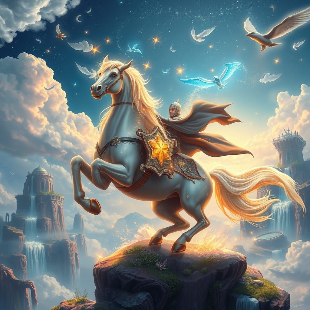 Knight on Starlight Horse Gallops Through Floating Islands