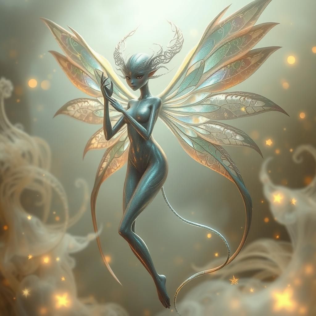 Iridescent Winged Being in Dreamlike Setting