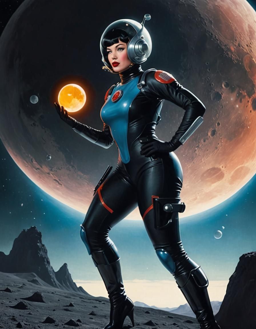 Retro Sci-Fi Bettie Page on the Moon