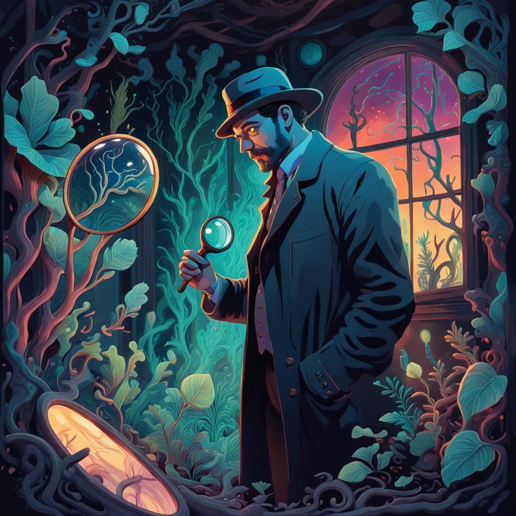 Detective in Gouache Style with Bioluminescent Plants