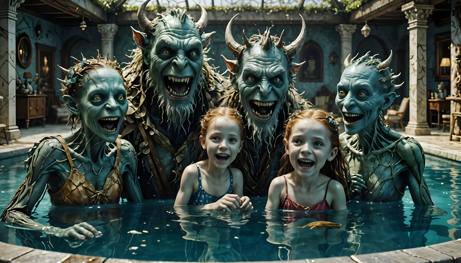 Monsters Relaxing in a Pool in Sparkling Porcelain Style