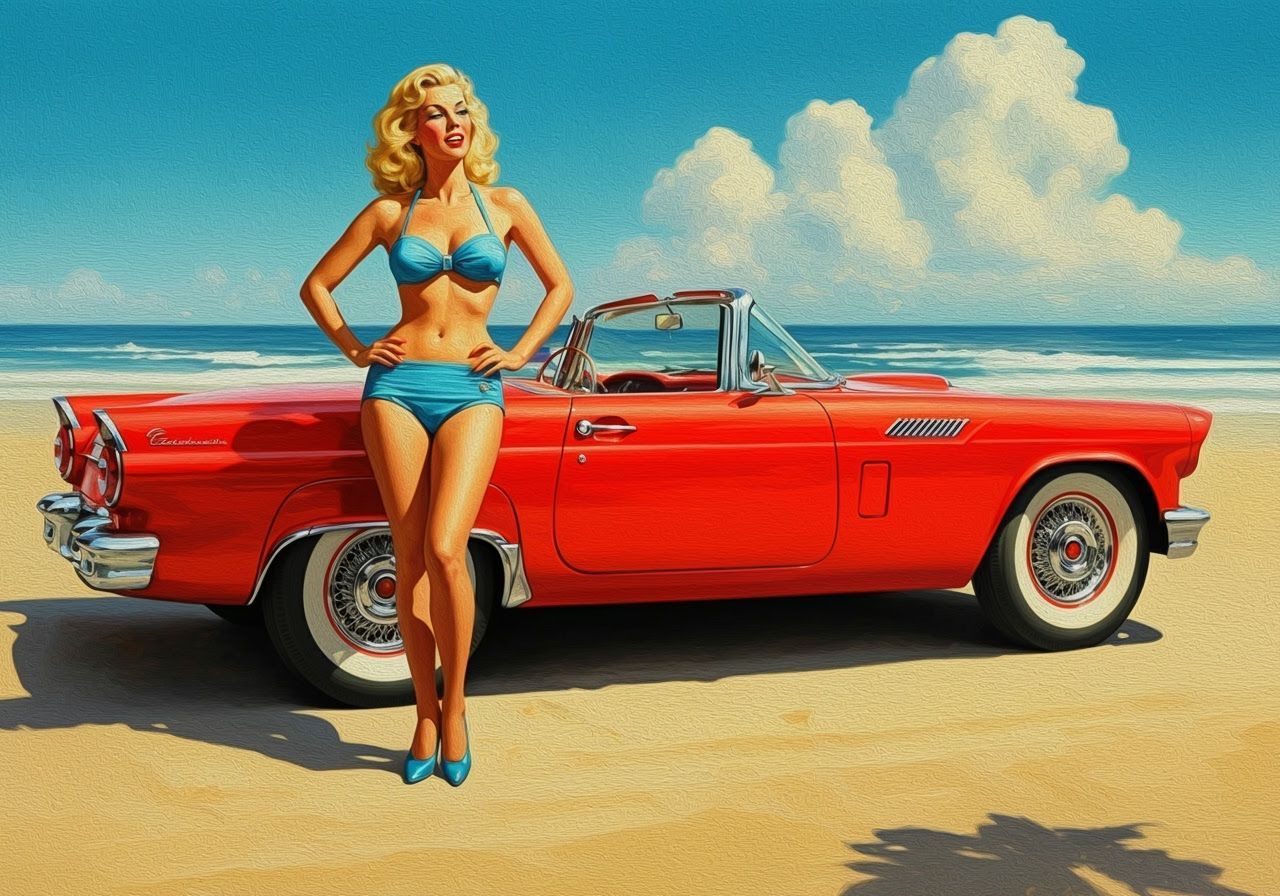 Retro Beach Scene: Blond Woman and Classic Thunderbird